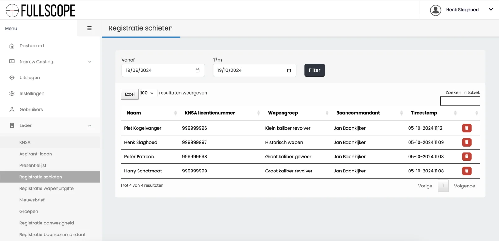 Het ledenmenu van FullScope met de registratie van schietbeurten