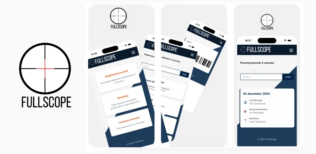 Schermen uit de FullScope-ledenapp: registratieoverzicht, bezetting, ledenpas met barcode en de planning van diensten