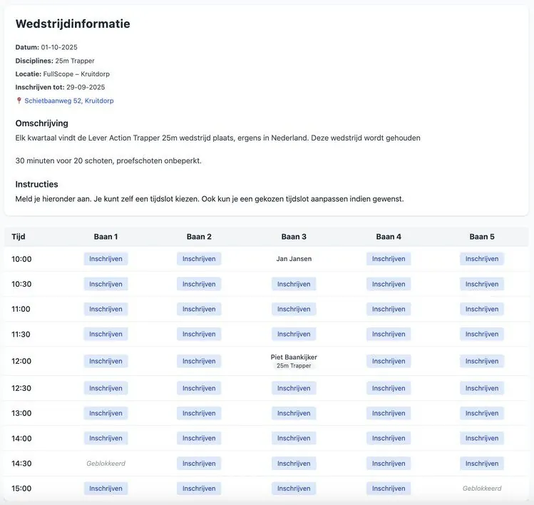Inschrijfrooster van SchietbaanPlanner.nl met tijdsloten per baan